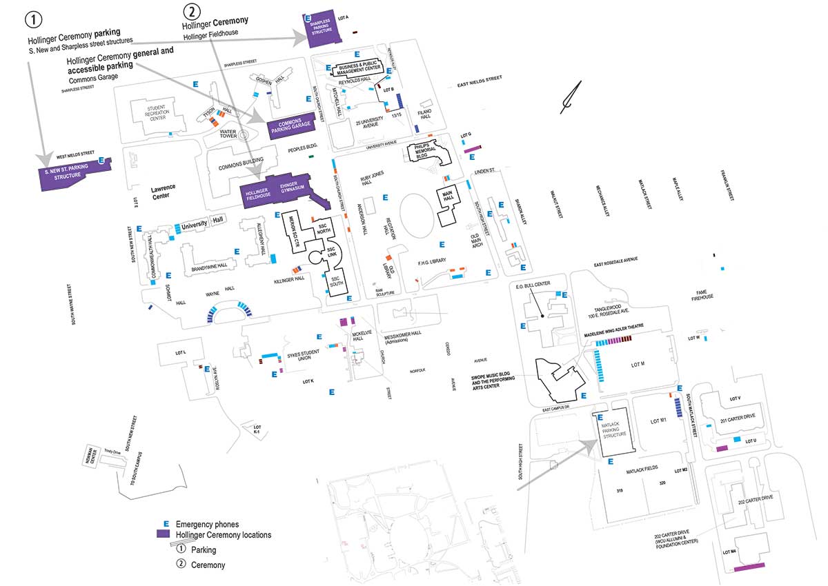 O Lot, P lot, Q Lot, Graduate Parking by South Campus Gardens, Farrell Stadium, Site for Commencement