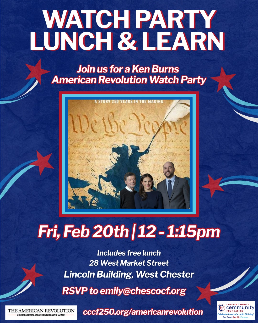 Words about event as well as picture of three people standing in form of Declaration of Independence background.