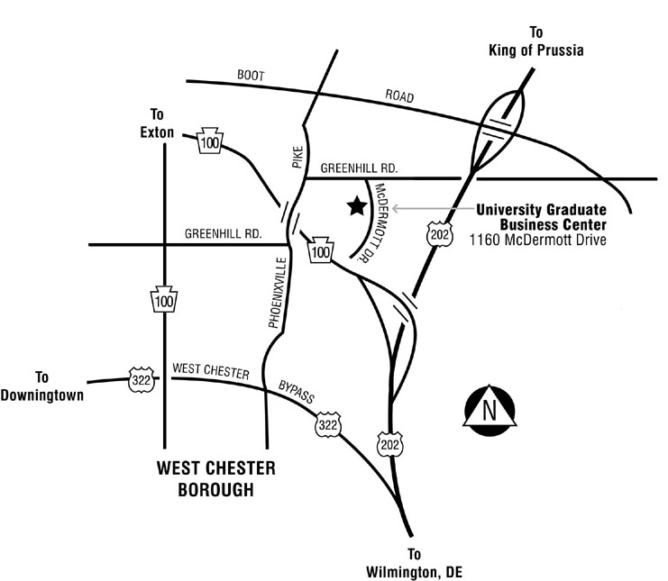 Grad Center Map; the GBC is located generally between route 100, Phoenixville Pike, Greenhill Rd, and McDermott Drive. Use online services or contact the GBC for accessible directions.