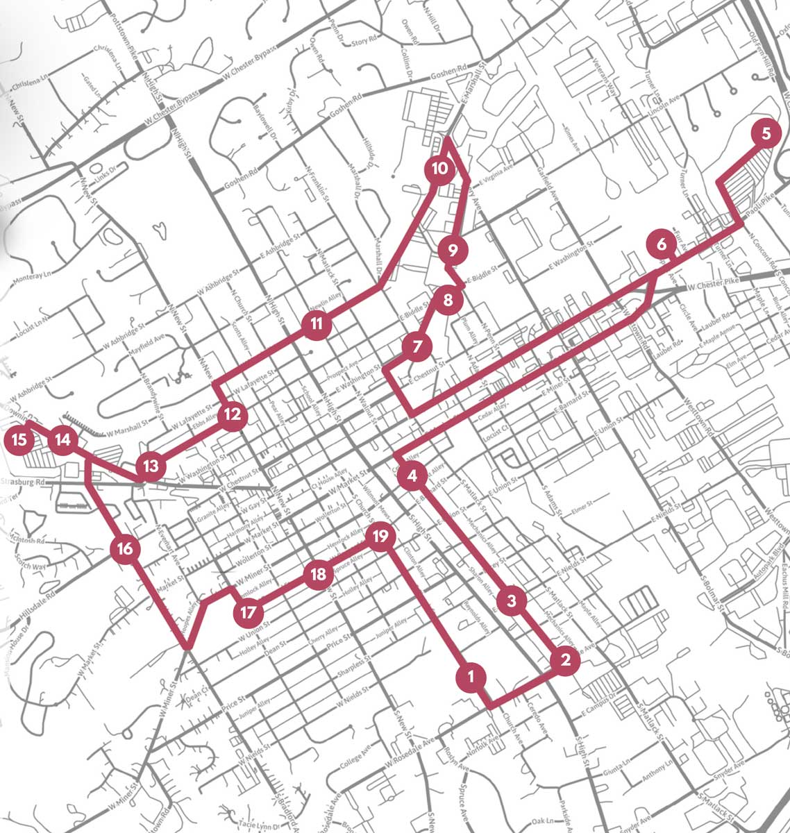 map of the Off Campus stops on the Uptown Route Loop Saturdays