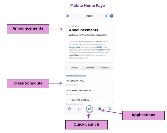 Mobile Homepage - Account Information, Today's Date, Calendar and Class Reminders, Various Features in your Navigate account.
