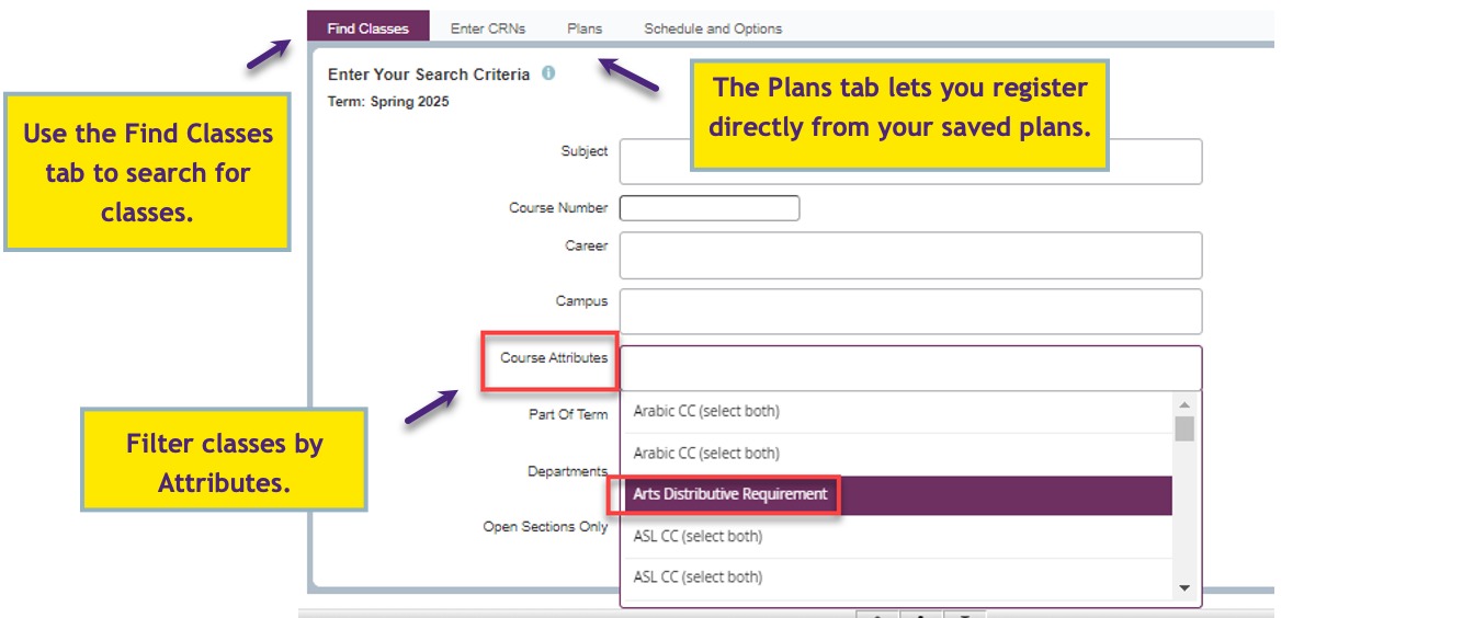 Fig. 4: Class Search Screen showing how to filter by Course Attributes.  