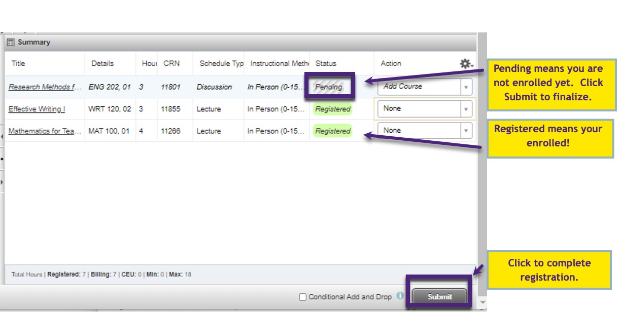 Fig. 5: Summary panel showing a newly added course with the status of Pending. 