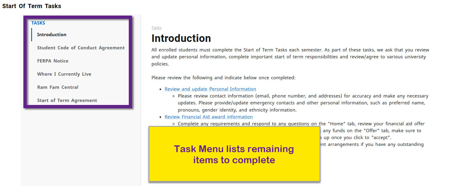Fig. 5: Task Menu showing remaining items to complete