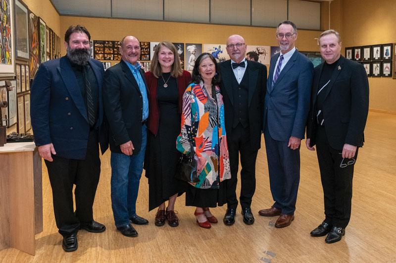 Pictured L-R: Associate Professor of Art Andrew Snyder, Professor Emeritus of Art John Baker ’74, Professor Daria Nikitina, Carnegie Mellon University’s Susan Tsu, exhibit curator and former WCU Professor Igor Roussanoff, WCU President Chris Fiorentino, and William Patterson University President Richard Helldobler.