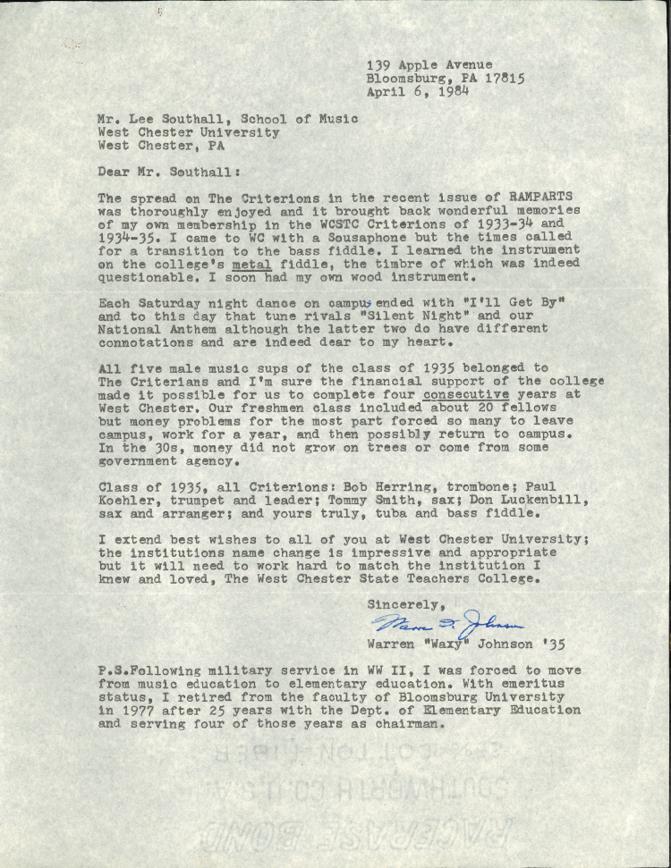 Image of 1984 Letter from Warren ‘Waxy’ Johnson ’35 to Lee Southall