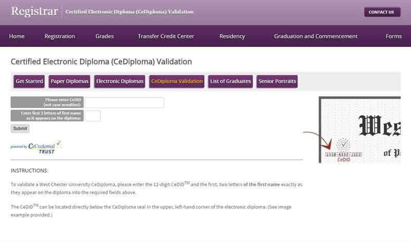 WCU Electronic Diploma Validation