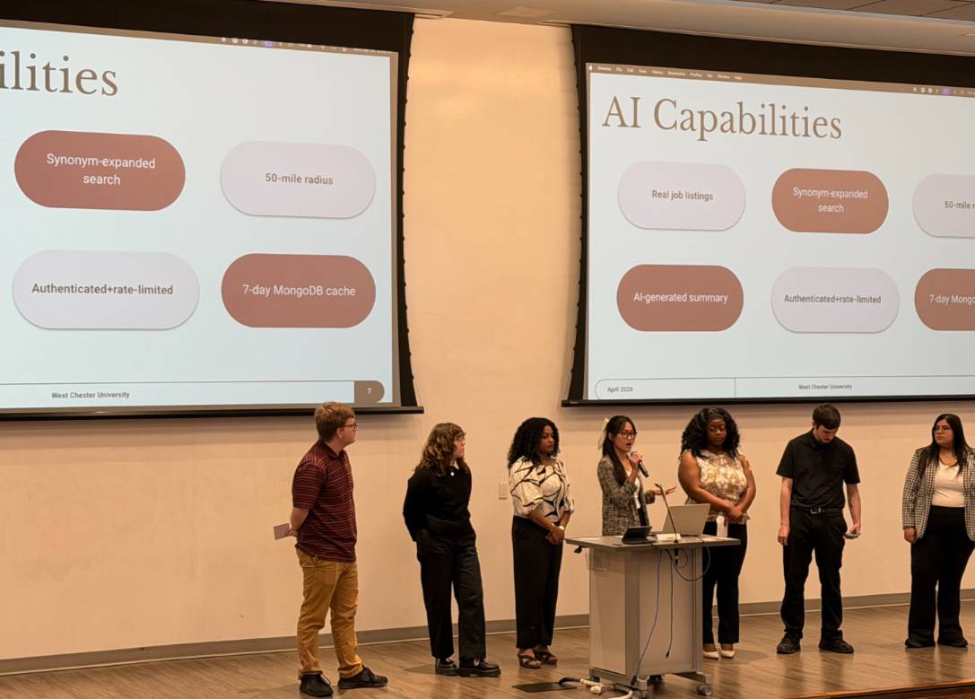 Students presenting on stage