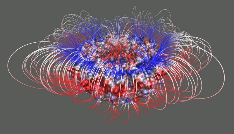 A computer generated electrostatic potential and field lines of the transcription attenuation protein after numerically solving the Poisson-Boltzmann equation