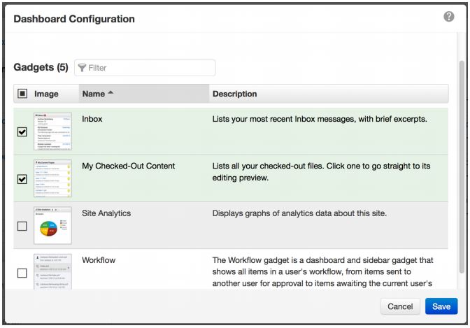 dashboard configuration dialog